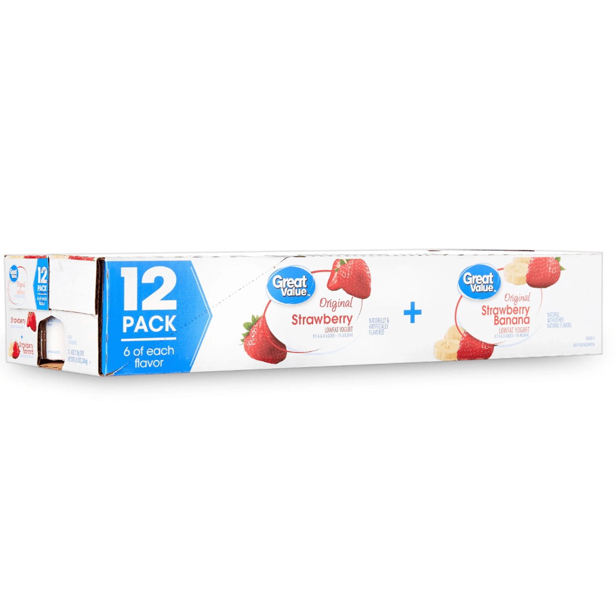 Great Value Original Strawberry and Strawberry Banana Lowfat Yogurt, 6 oz Cups, 12 Pack