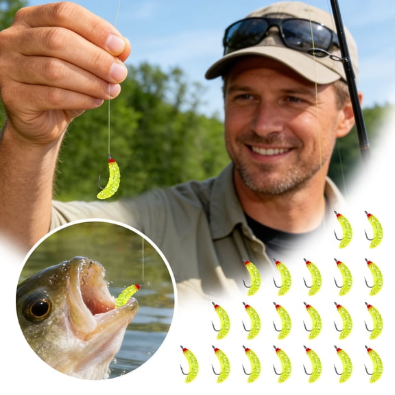 20Pcs Pre-Rigged Bread Worm Soft Fishing Lures, Artificial Maggot Soft Bait for Trout Panfish Freshwater Saltwater Angling (Greenï¼