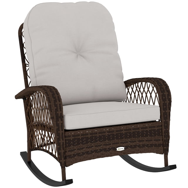 Outsunny Rattan Rocking Chair with Soft Cushion for Garden, Light Mix Brown