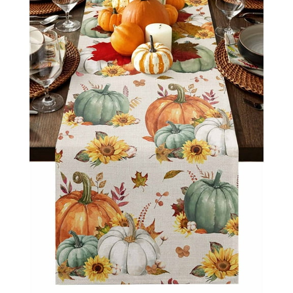 Fall Thanksgiving Table Runner-Cotton Linen- 72 Inch Holiday Dresser Scarves, Sage Green Orange Pumpkins Autumn Sunflower Tablerunner for Kitchen Coffee/Dining Living Room Dinner Scarf Décor 16x72
