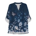 thumbnail image 3 of FKELYI Faux Linen Shirts Women's V-Neck Blouses Flower Butterfly Blue Print Breathable Roll Up Sleeve Shirts Summer Beach Top 3/4 Sleeve Vacation Outfits, S, 3 of 5