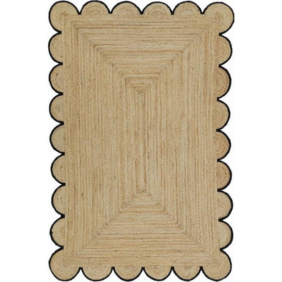 3x4 Ft Black Border Premium Scalloped Jute Rug – Handcrafted Natural Braided Carpet for Living Room, Bedroom, Entryway – Boho Home Decor