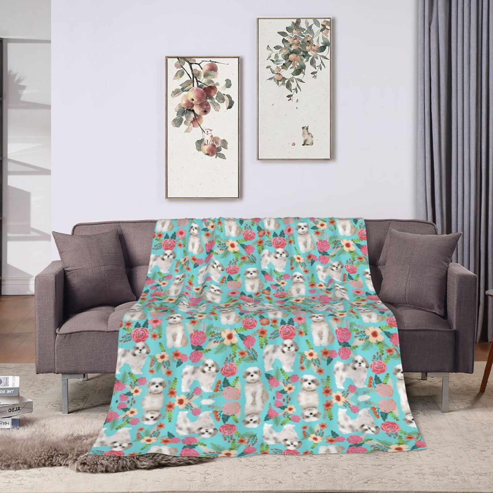 Wijzvio Shih Tzu Dogs Lovers Flower Floral Throw Blanket Soft Fuzzy Fleece Blanket For Couch Bed Living Room Decoration 50"X40"