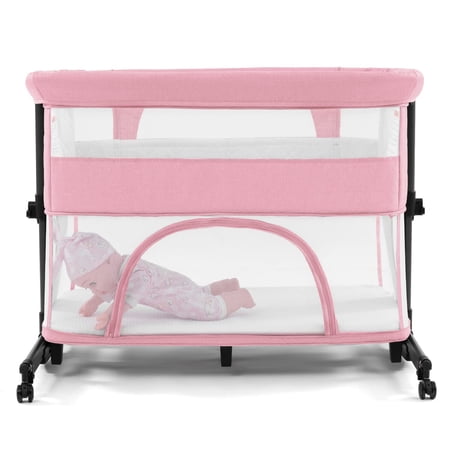 Nordmiex 4 in 1 Baby Bedside Sleeper & Playpen Design with Mattress Included, Easy Folding Travel Baby Crib Height Adjustable