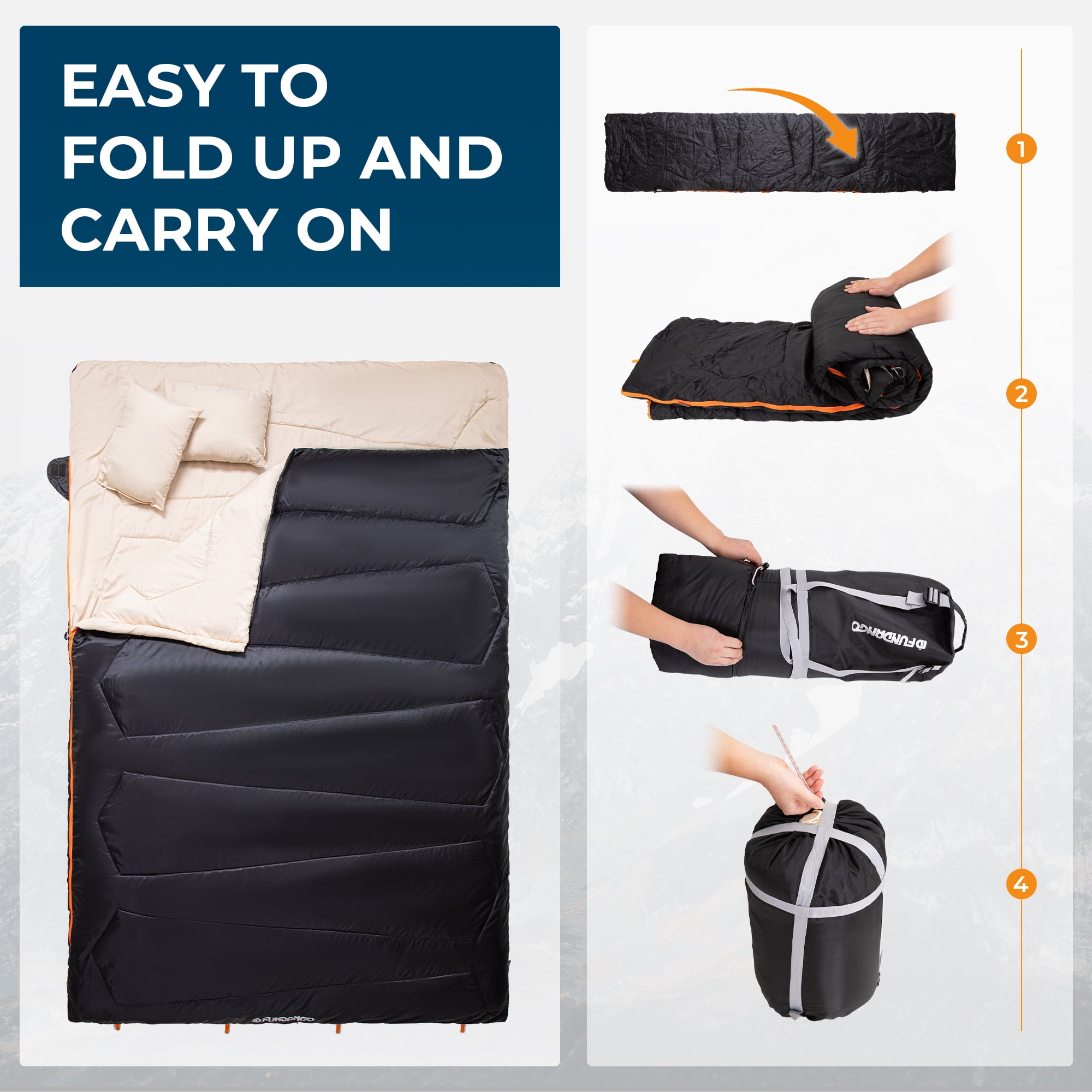 FUNDANGO 2 Person Sleeping Bag with Pillows for Adults Black Double Camping Sleeping Bags 220*150cm, Queen Size Two Person Sleeping Bags with Compression Sack 39.2°F-62.6°F, 6.1lbs, Black