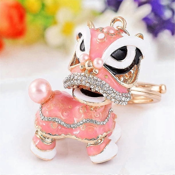 Chinese Style Keychain Dance Lion Rhinestone Pendant Key Chain Keyring For Car Handbag Charm Creative Gift (light Pink
