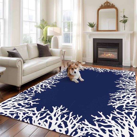 Sea White Coral Large Area Rugs 6x9 ft Marine Blue Background Modern Art Washable Rug Non Slip Indoor Carpet Absorbent Floor Mat for Living Room Bedroom Dining Room