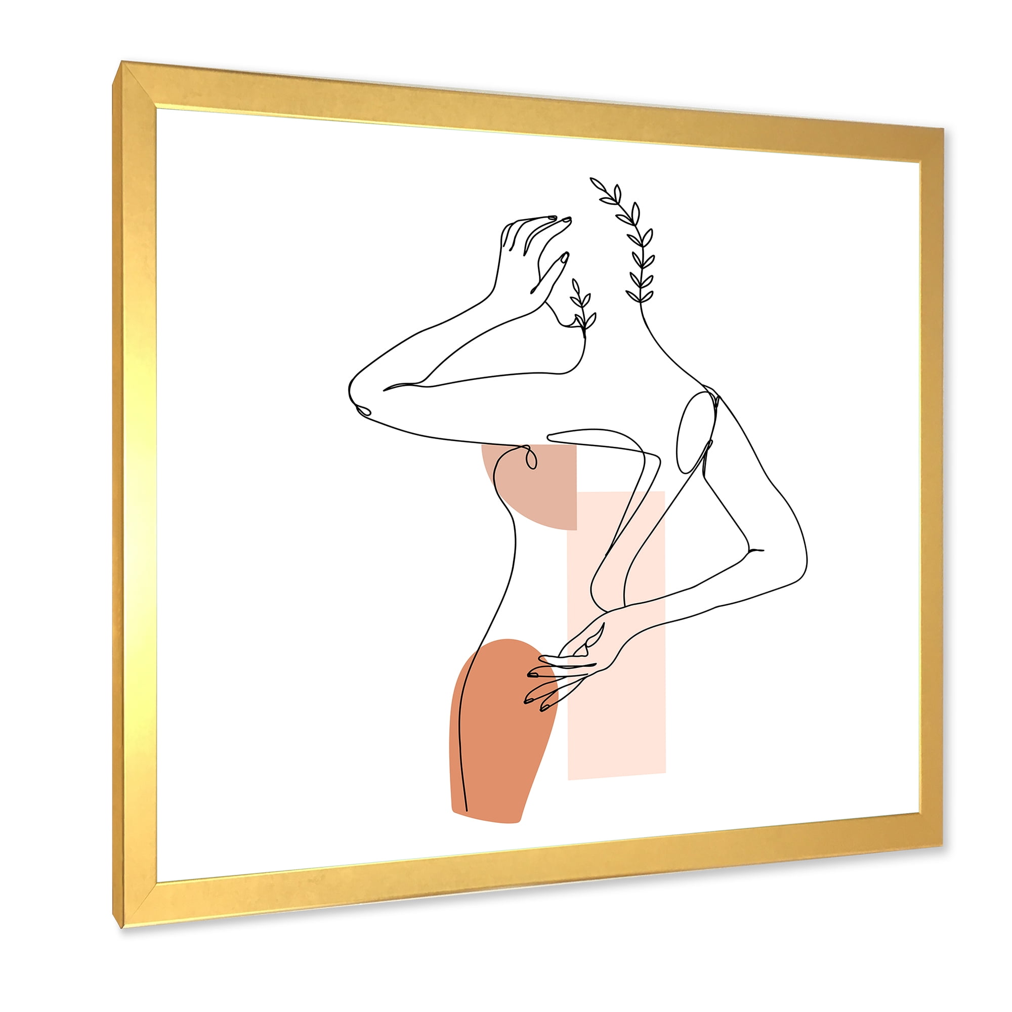 Designart 'One Line Woman Portrait With Shapes and Leaves II' Modern Framed Art Print