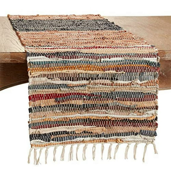 Fennco Styles Striped Chindi Leather Tassel Table Runner 16" W x 72" L - Multicolored Table Cover for Home, Dining Room, Banquets, Family Gatherings and Special Occasions