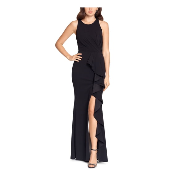 BETSY & ADAM Womens Black Stretch Zippered Ruffled High Front Slit Lined Sleeveless Scoop Neck Full-Length Formal Gown Dress Petites 6P