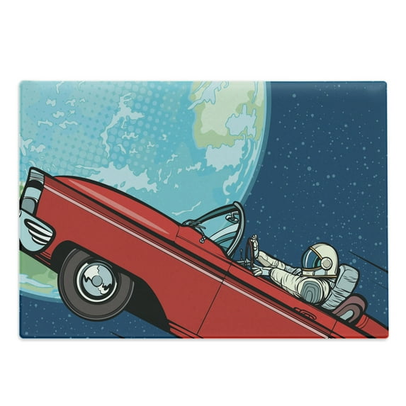 Astronaut Cutting Board, Cosmonaut Driving a Car to Planet Earth Galactic Road Trip Illustration, Decorative Tempered Glass Cutting and Serving Board, Large Size, Night Blue Aqua Red, by Ambesonne