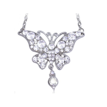Rhinestone Dangle Pendant - Silver Tone Butterfly Clear Crystal Rhinestone Teardrop Dangle Necklace Pendant