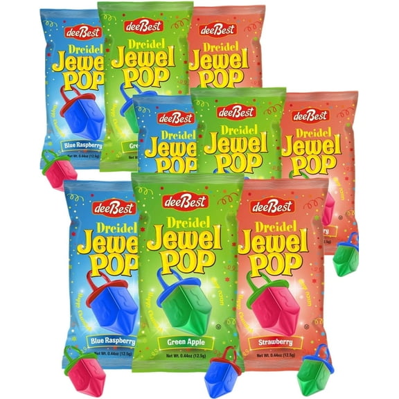 Hanukkah Candy Dreidel Jewel Ring Pops Candy, Blue Raspberry, Green Apple, Strawberry Flavors, Kosher Party Favors, Kids Hard Lollipop, 9 Count Variety Pack