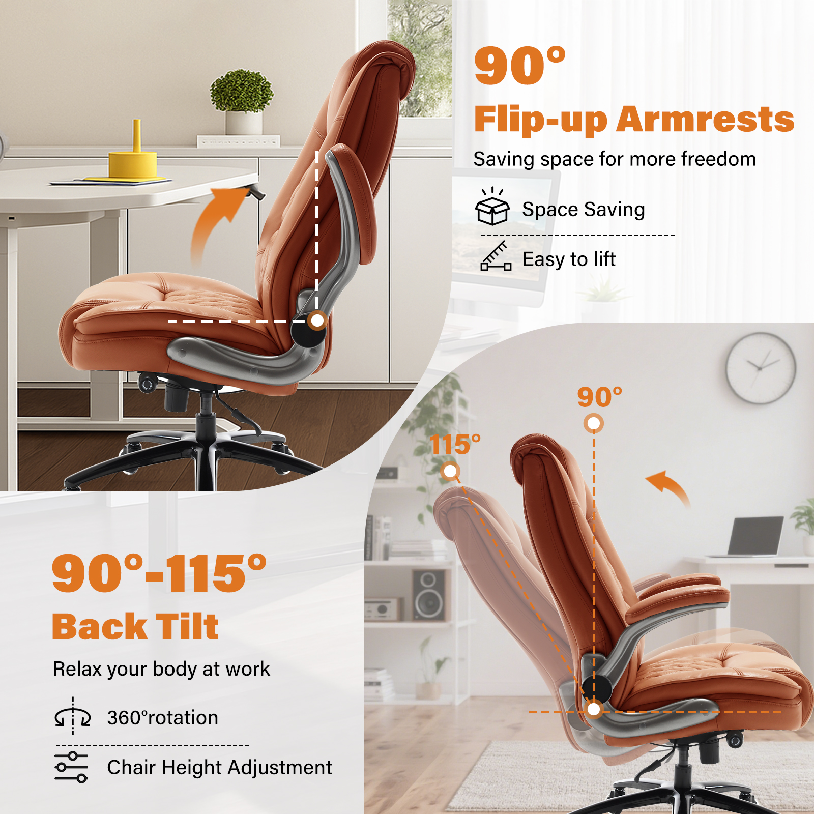 High Back Office Chair with Lumbar Support, Large Upholstered Executive Desk Chair, Faux Leather Computer Chair with Flip-up Arms, Rubber Wheels