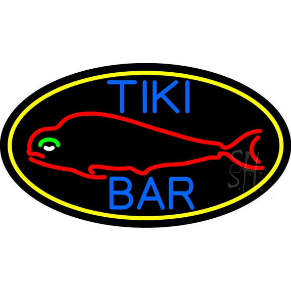 Dolphin Tiki Bar Oval With Yellow Border LED Neon Sign 13 x 24 - inches, Clear Edge Cut Acrylic Backing, with Dimmer - Bright and Premium built indoor LED Neon Sign for Bar decor.