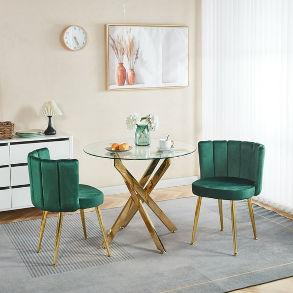 150-190 Characters: Mid-Century Modern Glass Dining Set for 4-6 | Gold Metal Pedestal Table with Green Velvet Chairs | Chic Kitchen & Dining Room Furniture | 2 Packages
