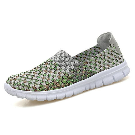 

Multicolor Plaid Weaving Loafers Breathable Elastic Soft Sole Flat Running Sneakers Women‘s Casual Footwear