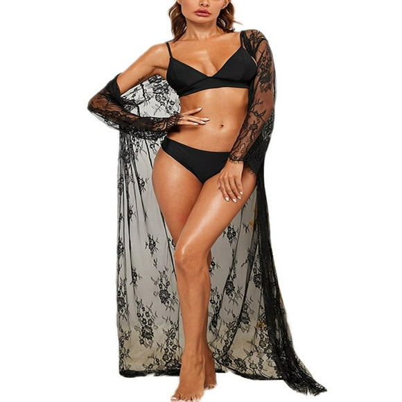 Women Floor Length Mesh Chemise Long Lace Dress Sheer Gown See Through Kimono Lingerie Robe cQH