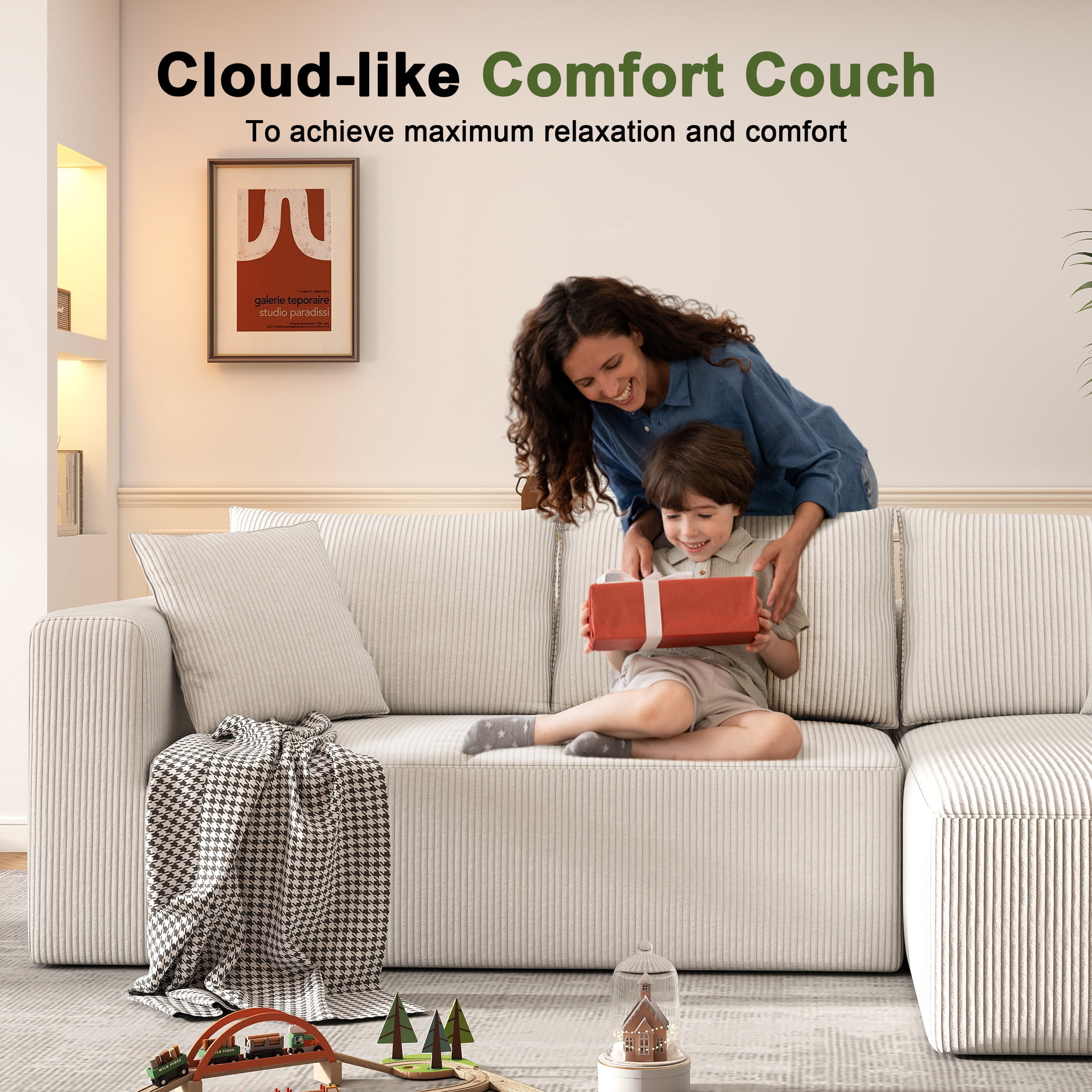 DEALTOPS 104'' Modular L-Shape Sectional Sofa with Chaise, Comfy Deep-Seat Cloud-Couch, Corduroy - White
