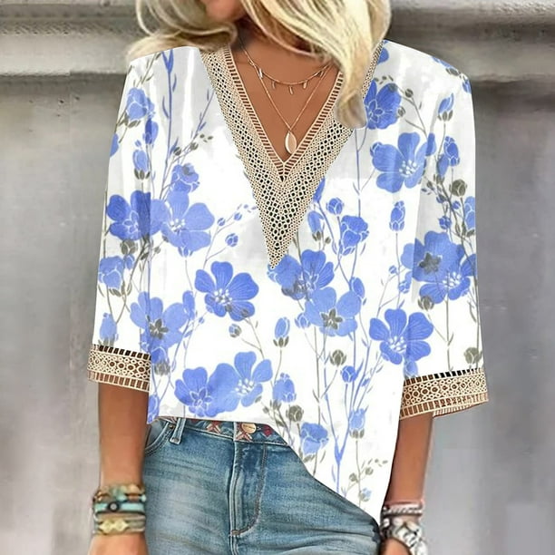 ICHUANYI Liquidación Moda Mujer Verano V-Cuello Manga 3/4 Encaje Estampado Casual Camiseta Blusa ICHUANYI WER202308253239