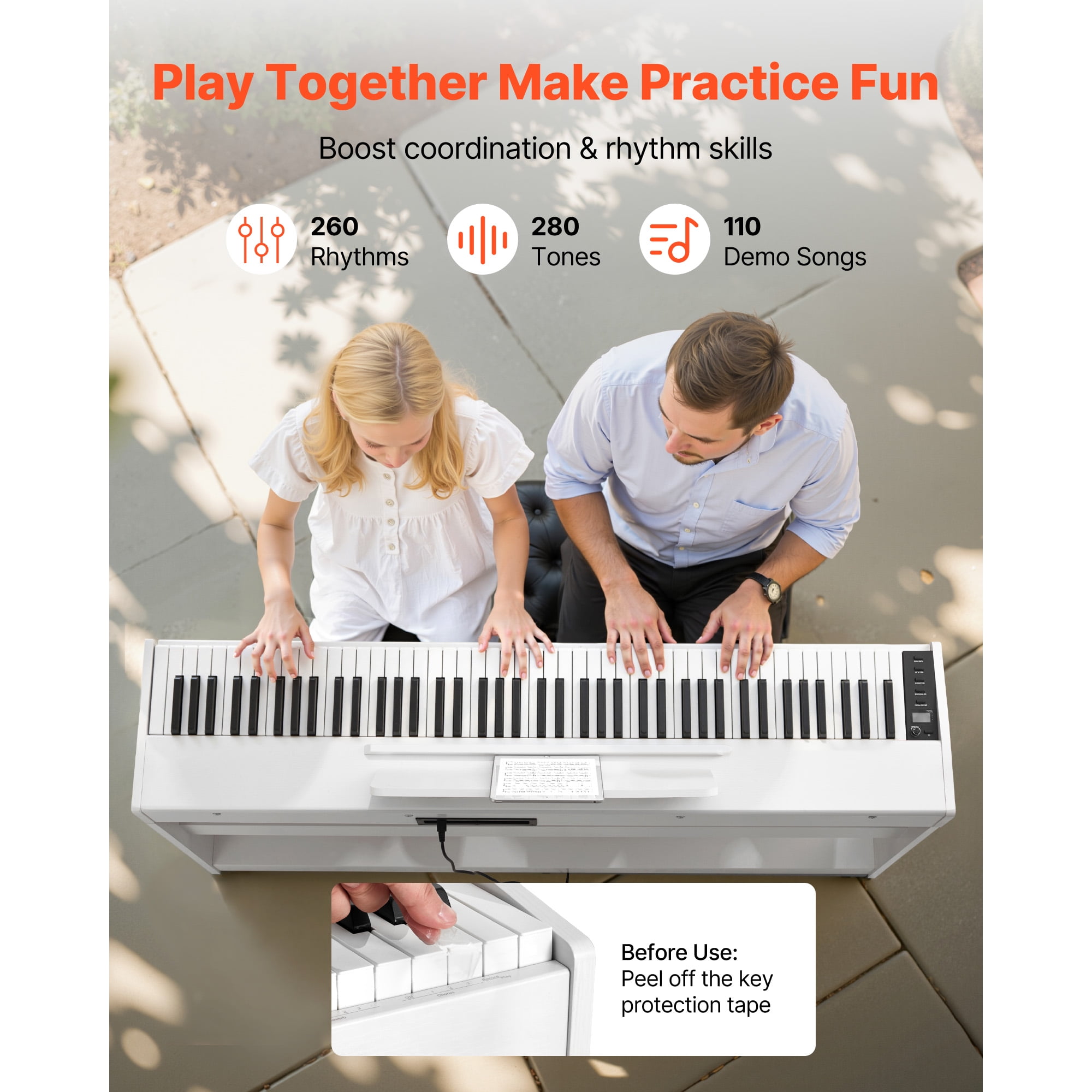 KFFKFF 88-Key Fully Weighted Digital Piano with Stand, Power Adapter, Triple Pedal, Recording Feature, 280 Tones, Wireless Connectivity, Ideal for Beginners, White