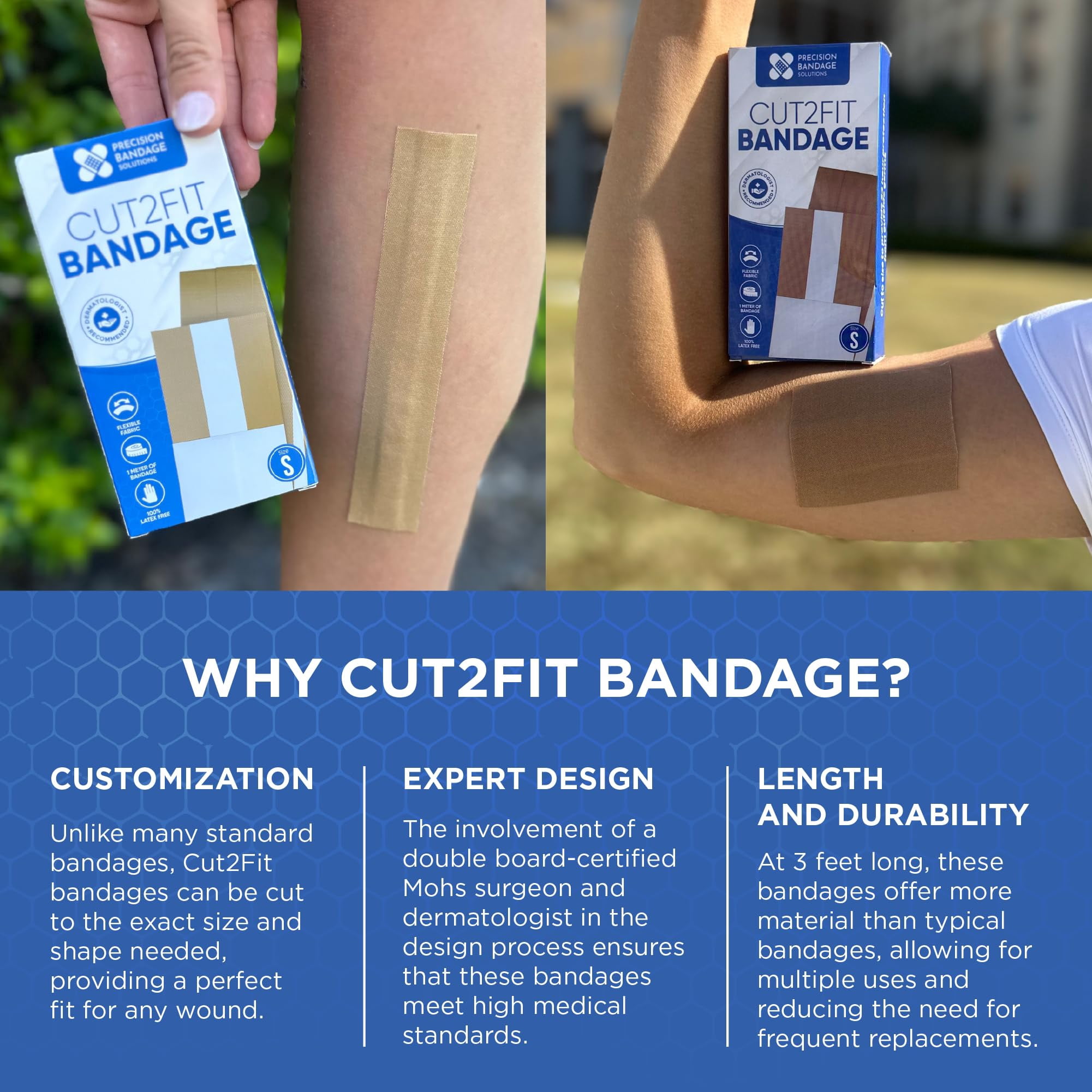 Cut2Fit Bandage Combo Pack - Flexible Fabric Adhesive Bandage for Wound Care & First Aid, 1 Meter Long, Customizable Size, 2 Cut2Fit Bandages (1 Small + 1 Large)