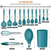 Vesteel 15-Piece Kitchen Utensils Set, Silicone Cooking Utensils with Holder, Non-stick Cookware Friendly & Heat Resistant - Teal Blue