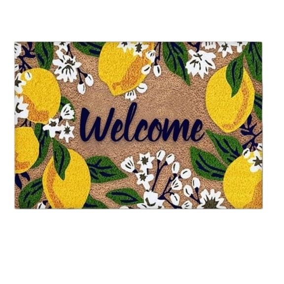 Cute Lemon Floral Welcome Doormat, Summer Themed Indoor Outdoor Entryway Rug, Non Absorbent Door Mat for Bathroom Kitchen Entrance Home Decor