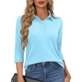 thumbnail image 2 of Qwertyu Women's Polo Shirts 3/4 Sleeve Cotton Collared T Shirt Golf Shirt Business Casual Tee Uniform Tops 3-Button Sky Blue XL, 2 of 5