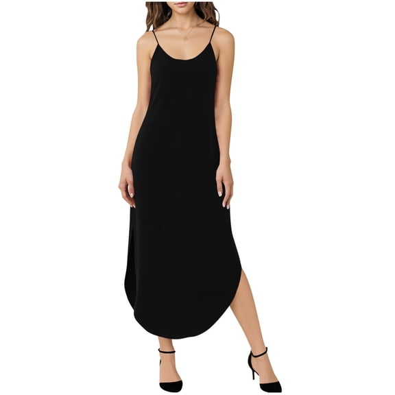 Nmnitkp Womens Summer Maxi Dress Spaghetti Strap V Neck Plus Size Dresses Casual Loose Long Split Dresses Solid Color Beach Vacation Sundress with Pockets S-2XL