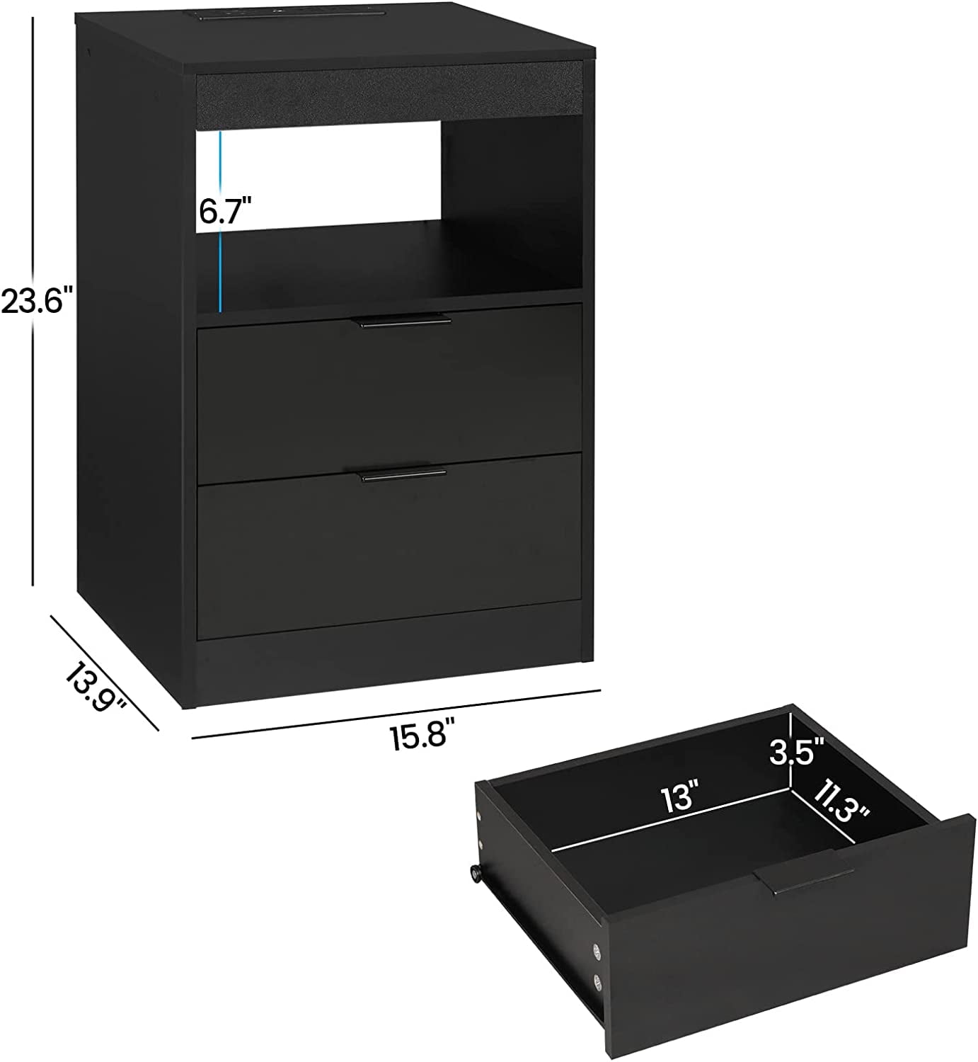 Afuhokles Nightstand with Wireless Charging Station, LED Bedside Table with with 2 Drawers, Black