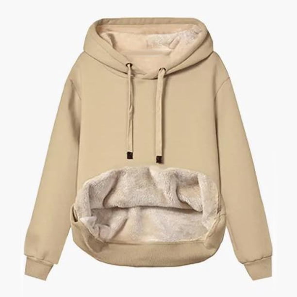 Sudadera con capucha y forro polar cálido para mujer, informal, de inviernoKhaki color