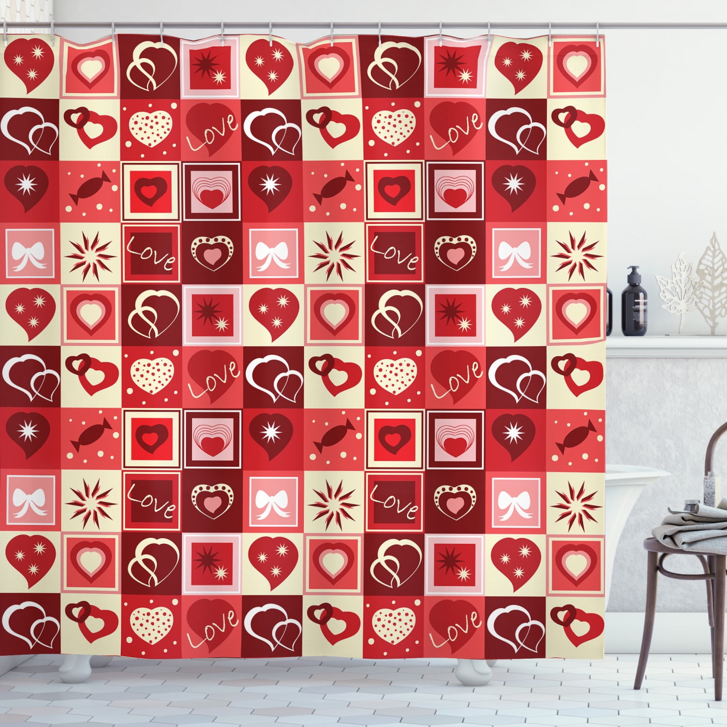 Red Shower Curtain, Valentines Day Themed Frames Pattern with Hearts Stars Love Lettering and Candy, Fabric Bathroom Set with Hooks, 69W X 75L Inches Long, Red Coral Beige, by Ambesonne