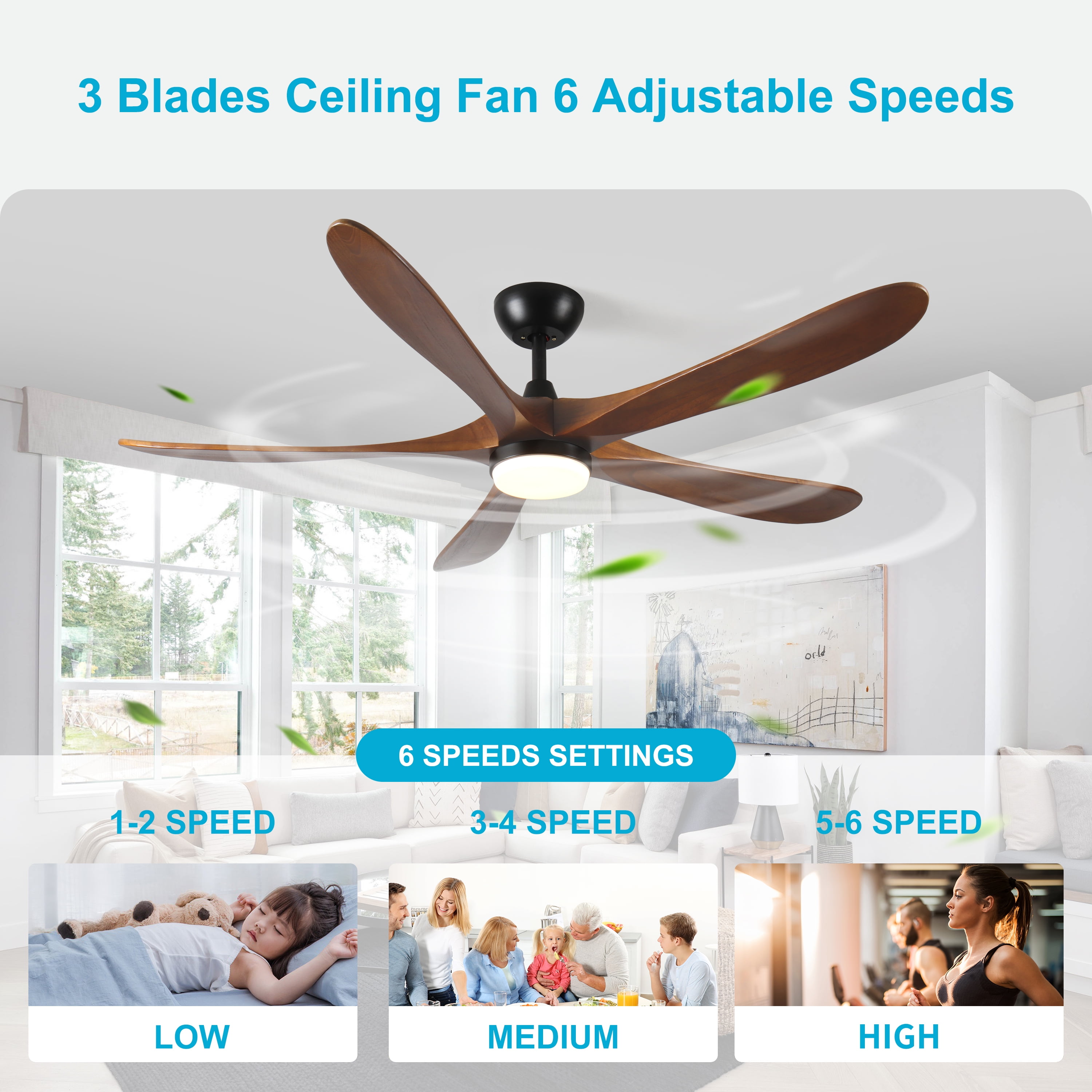 Ceiling Fan with Lights, 62 Inch Solid Wood LED Remote Ceiling Fan for Patio Bedroom Farmhouse Household, Antique Brown