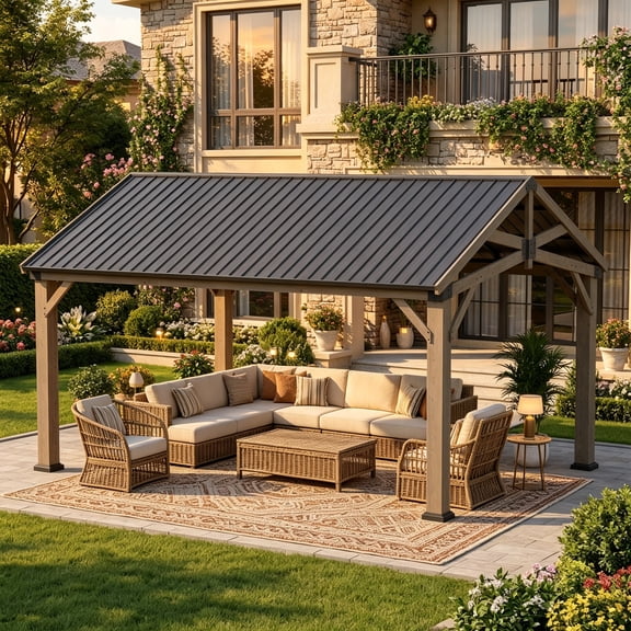 Sunmthink 12' x 16' Cedar Wood Gazebo, Hardtop Gazebo with Galvanized Steel Gable Roof, Permanent Wooden Pavilion for Patio Backyard Lawn Garden