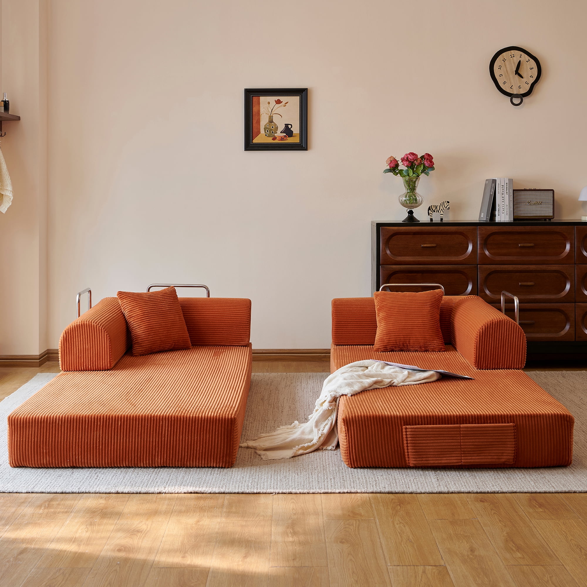 Howcool 79" Boneless Sleeper Sofa Bed, 2-in-1 Pull Out Convertible Loveseat Couch with 2 Throw Pillows, Corduroy Futon Floor Sofa for Living Room, No Assembly Required, Tangerine