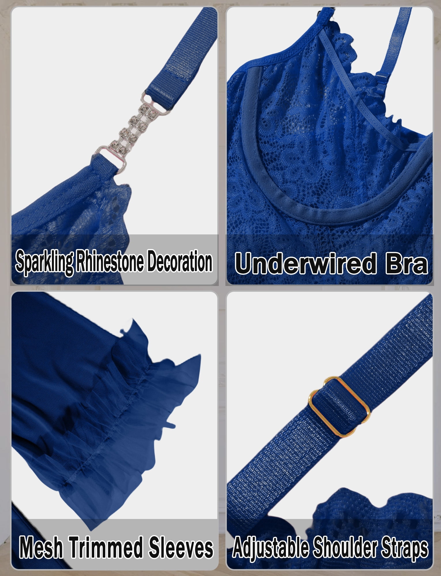 Aivtalk Lingerie Sets for Women Sexy 2 Piece Lace Mesh Kimono Robe Cami Nightgown Long Sleeve Robe Sheer Ruffled Babydoll Strap Chemise Sleepwear Pajamas Sets Blue S