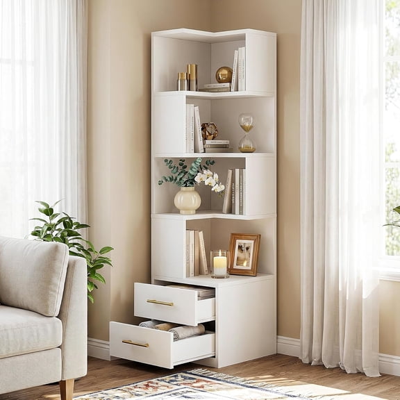 Tribesigns 5-Tier Corner Bookshelf, 66.9" Tall Corner Bookcase with 2 Drawers for Living Room, Home Office (White)