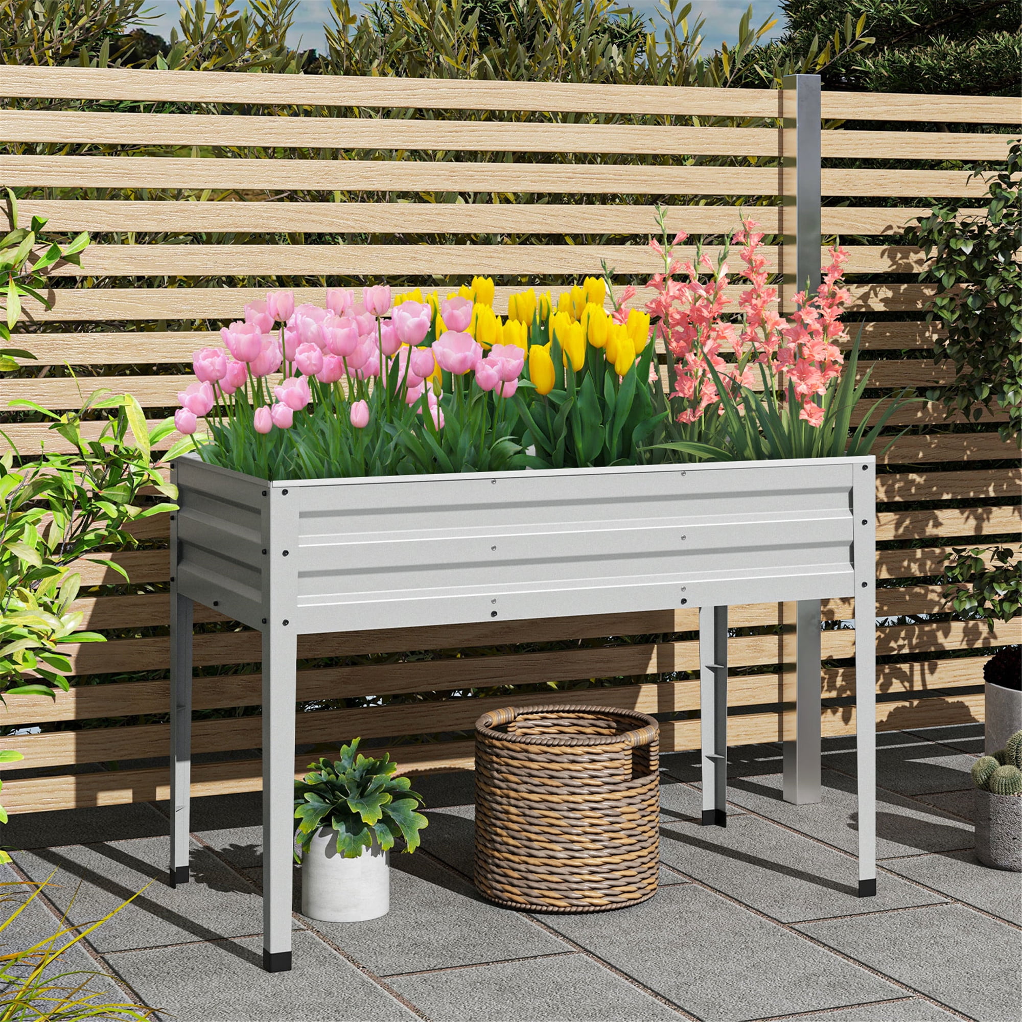 Gymax 46'' x 24'' x 32'' Galvanized Raised Garden Bed w/ Legs Drainage Holes for Flowers Sliver