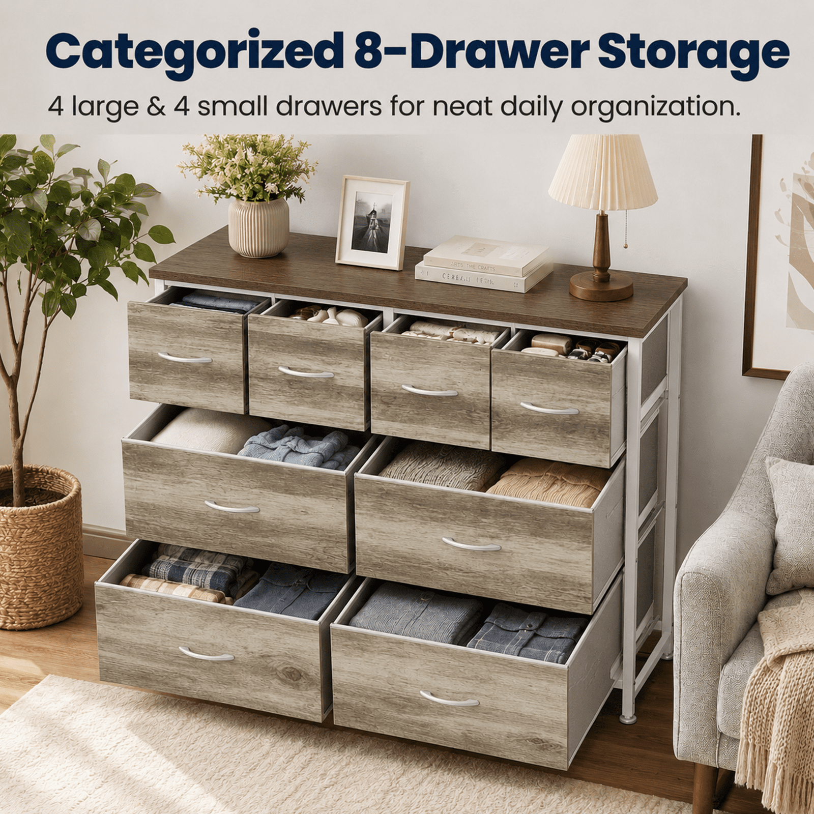 Alvantor Dresser for Bedroom with 8 Drawers, Fabric Dressers Storage Tower with Steel Frame Wood Tabletop, Storage Cabinet, Hallway, Closets