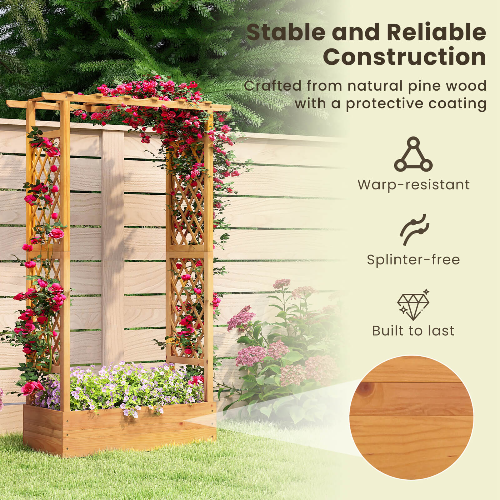 Costway 2 PCS 70” Wooden Raised Garden Bed with Lattice Trellis Hanging Roof Open-Ended Base
