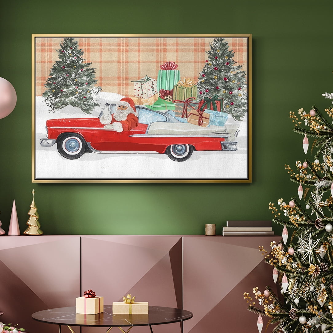 Santa on Wheels II - Framed Gallery Wrapped Holiday Canvas - 17 x 25 - Gold Frame