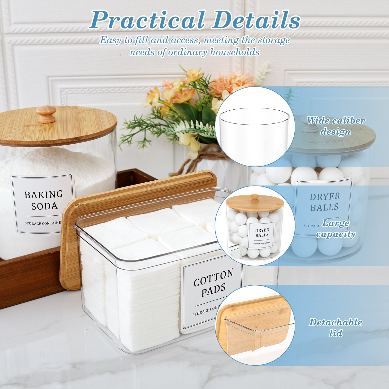 FUYGRCJ 3 Pack Laundry Pods Container, Clear Laundry Detergent Powder Storage Containers, Laundry Room Organization Container with Wooden Lid & Label, Laundry Pod Holder for Scent Booster, Dryer Ball