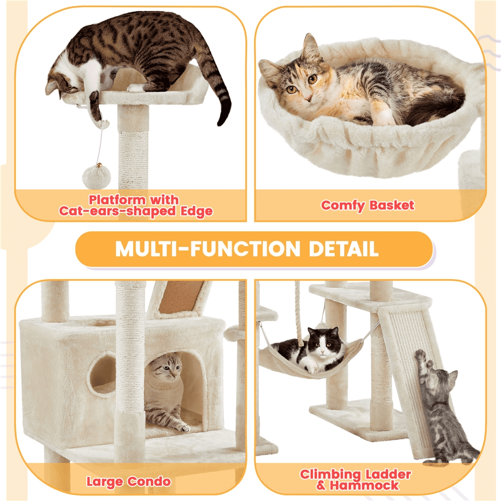 Alden Design 82.5″ H Multi Level Large Cat Tree with 2 Cozy Condos for Indoor Small/Medium Cats, Beige