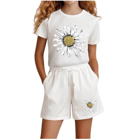 OGLCCG Girls Summer 2 Piece Outfits Cute Sunflower Crew Neck Short Sleeve T Shirts and Shorts Comfy Casual Clothing Sets 3-14 Years