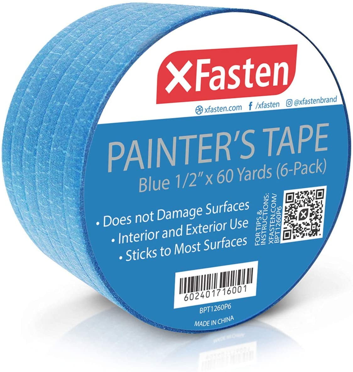 XFasten Professional Blue Painters Tape, MultiUse, 1/2Inch by 60Yard