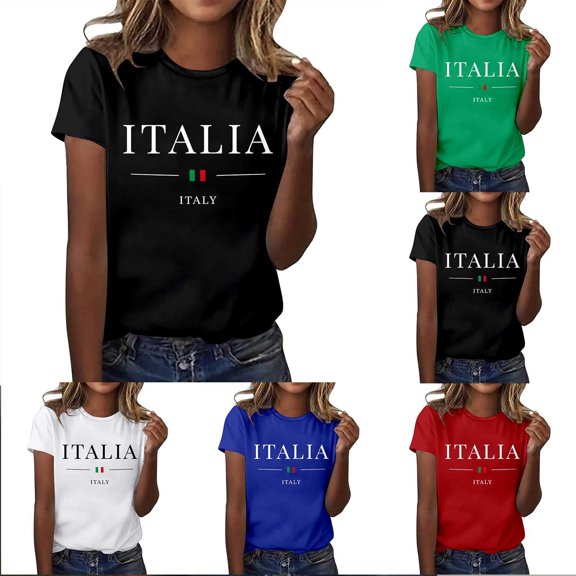 Lkhaha Women Italia Text Patriotic Print T Shirts Crew Neck Tops Short Sleeve Casual Tees White S