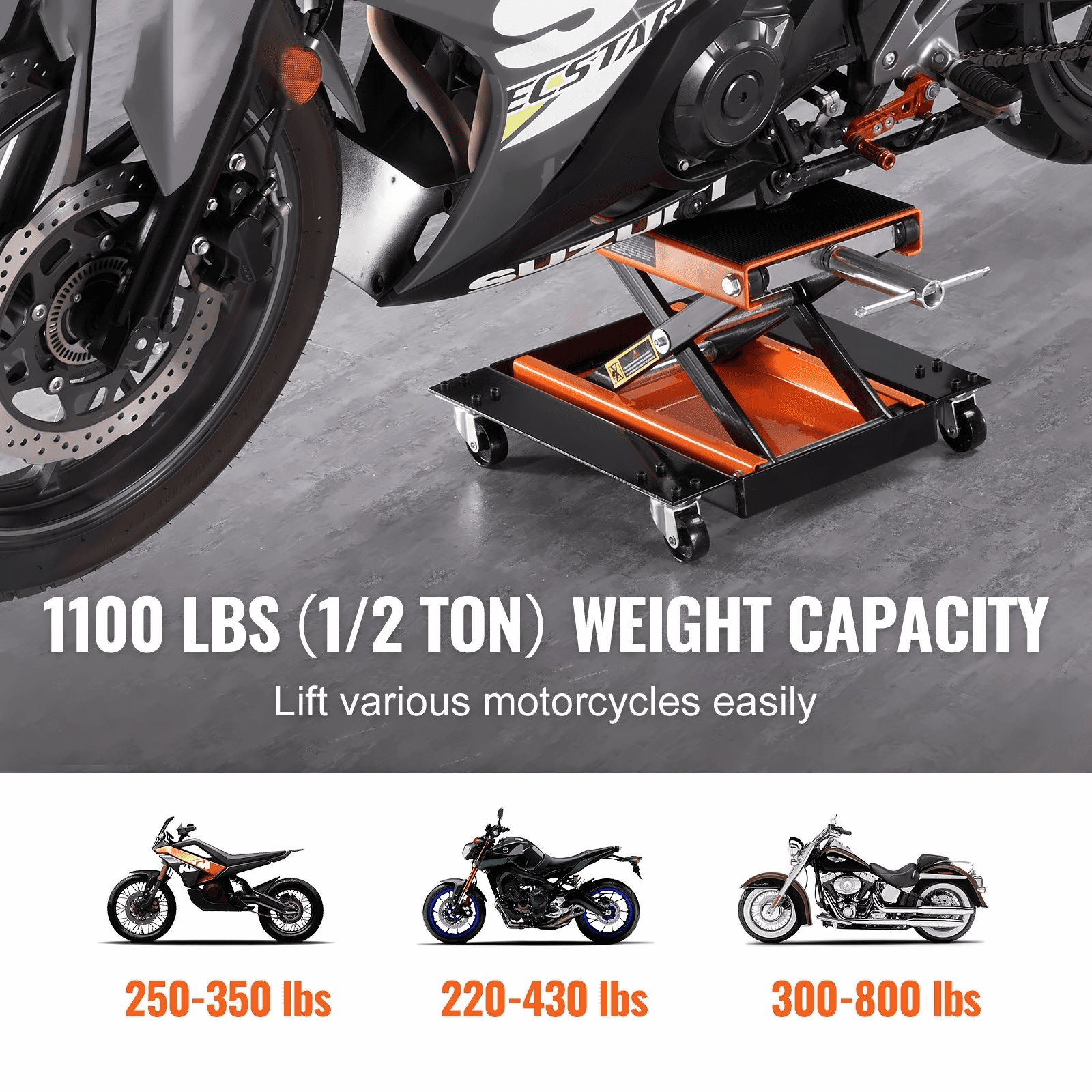 Motorcycle Lift 1100 LBS - ATV Scissor Jack with Dolly & Hand Crank - Center Stand for Street, Cruiser & Touring Bikes - Wide Deck & Tool Tray