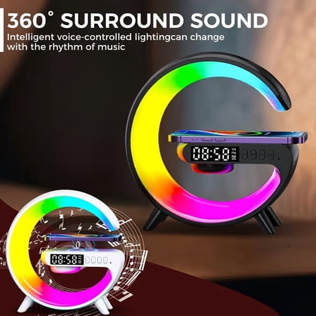 Multi-Function Wireless Charger Stand with Speaker Alarm Clock RGB Night Light for iPhone Samsung – Fast Charging Station Halloween Christmas Gifts