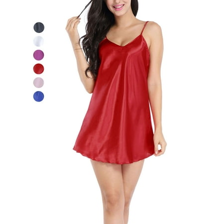 PULLIMORE Women Sexy Satin Lingerie Sleepwear Mini Slip Chemise V Neck Negligee Nightgown Adjustable Spaghetti StrapsRed S